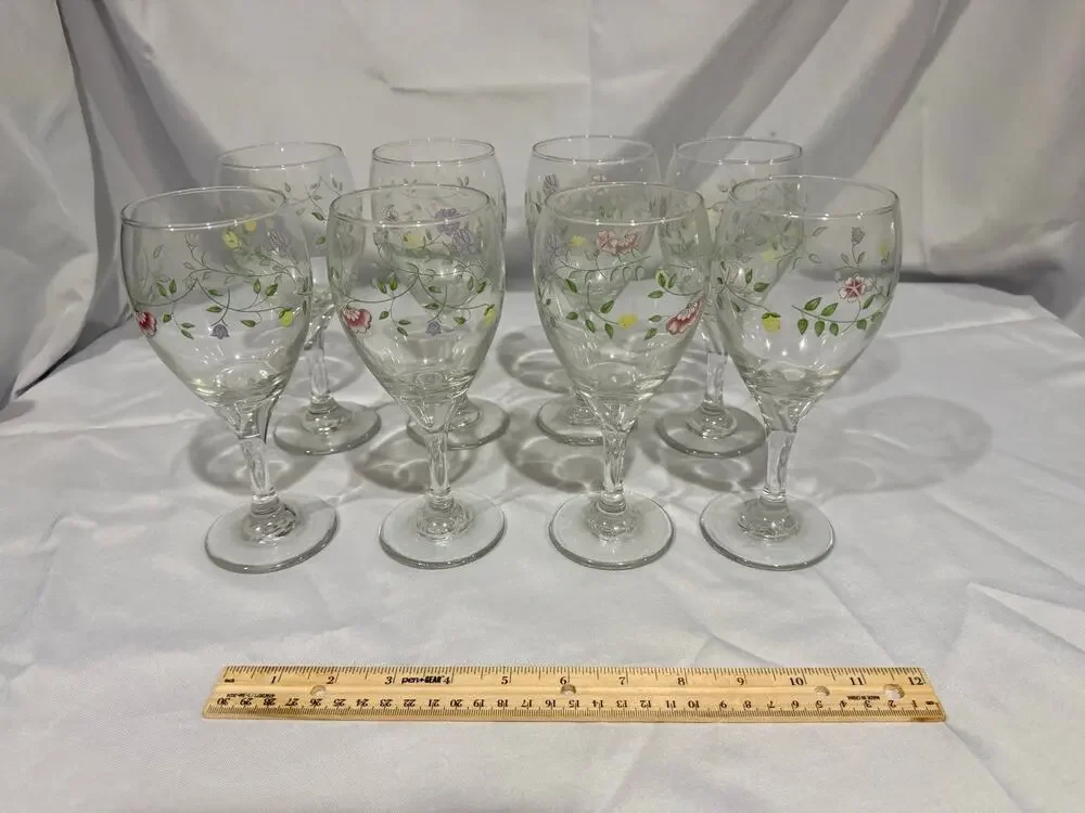 Set of 8 Vintage Libbey Floral Stemmed Wine Glasses Pastel Flower Vine Pattern